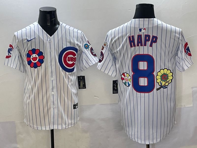 Men Chicago Cubs #8 Happ White Stripe Flower Edition 2025 Nike MLB Jersey style 2->chicago cubs->MLB Jersey